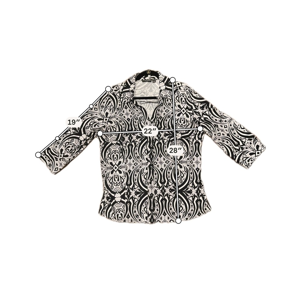 Essentials By Milano Woman 1X Black White Geometric Tribal 3/4 Sleeve Blouse - Picture 4 of 8